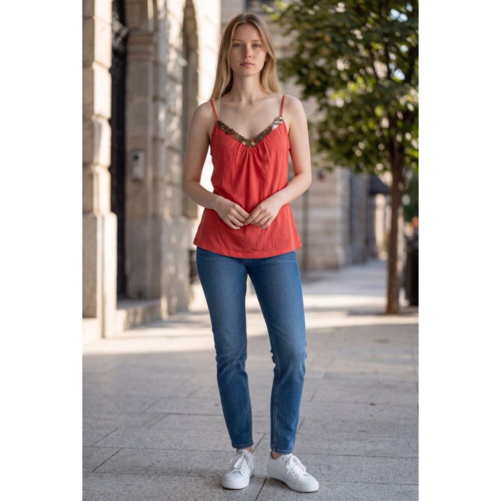 Metro7 Orange V Neck Camisole Top Shelf Bra V Neck Metal Bangels
